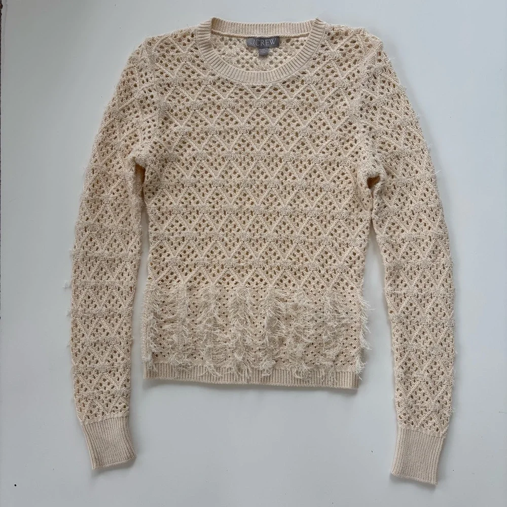 J.Crew Women's Cream Pointelle Crewneck Sweater with Fringe Size XS, NWOT